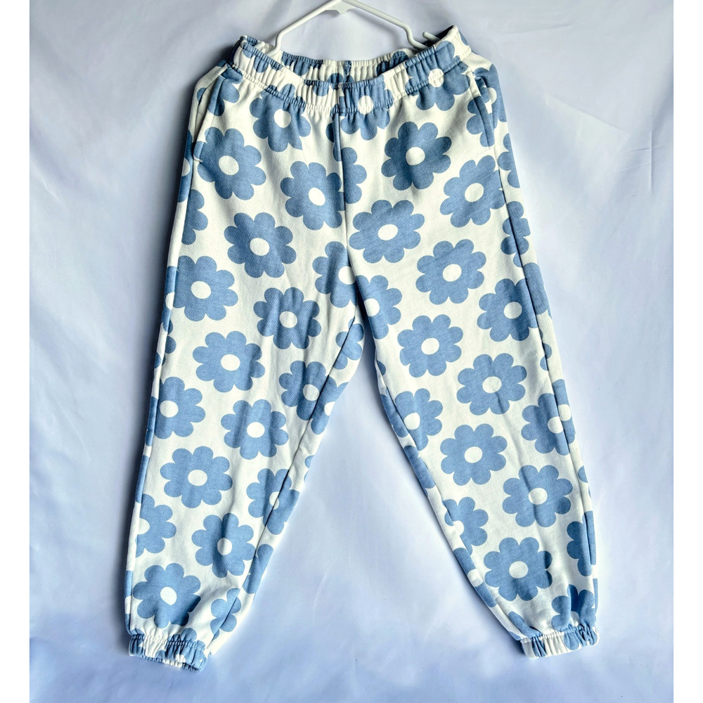 PacSun Joggers Pants Womens Size Small White Blue Daisy Flower Elastic Waist
